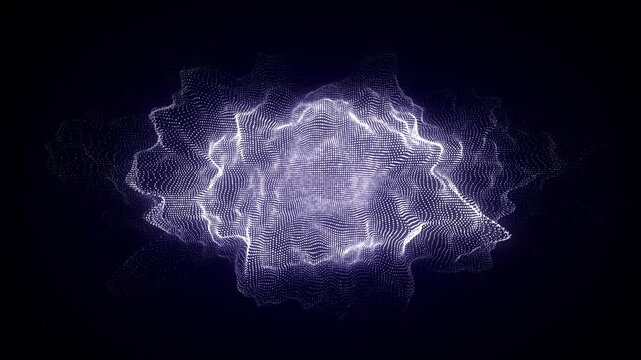 Abstract digital blue circle wave on black background. Big data visualization. Analytics representation. Sphere with explosion of bright particles. 3d rendering.