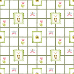 Watercolor seamless pattern with deer in decorative frame, bees, butterflies and flowers. Ideal for textiles, wallpaper, nursery decor and whimsical design. Transparent background. 