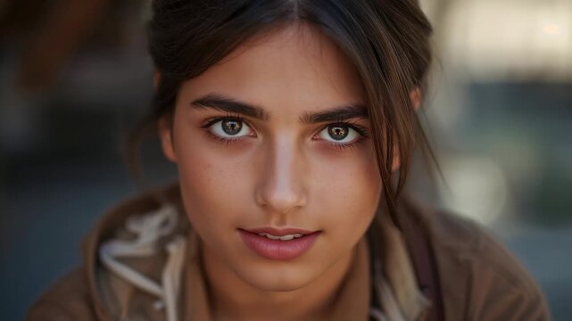 Camera starting, woman holding gaze while smile fading in outdoor portrait, wearing brown hoodie