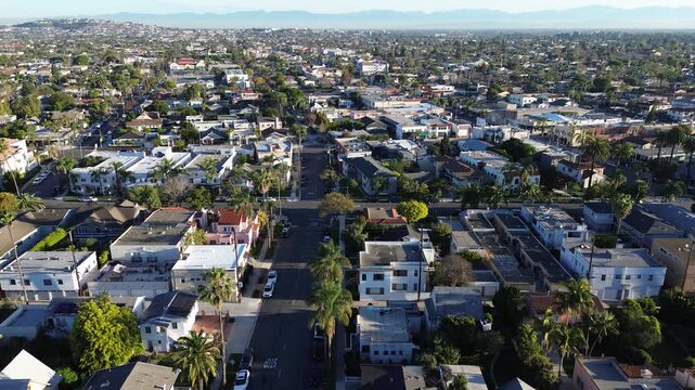Neighborhood north of Bluff Park, Coronado Ave extends distant hills with dense residential blocks, consistent street alignment. Mixed roof, scattered palms, hazy mountain backdrop, Long Beach, CA