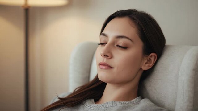 Starting shot coaxing woman in gray sweater easing into armchair for rest, living room floor lamp