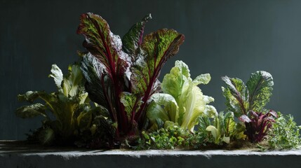 Group of different types of leafy vegetables growing in a row on a concrete surface. the background is a dark grey color, and the focus is on the plants in the foreground.