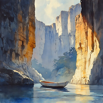 Natural landscape showing a solitary boat in a gorge, framed by towering cliff faces and gentle daylight Rajasthani miniature techniques, fine brush detailing, soft pigment layering,
