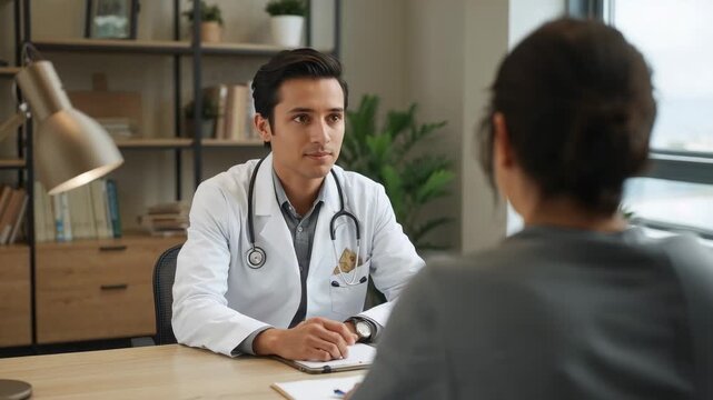 Hearing doc in white coat steth reacting as patient speaking, checking forms in clinic to diagnose