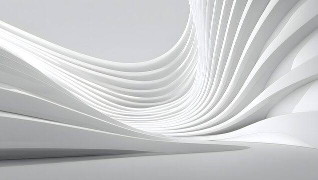 Sophisticated white interior architecture featuring repetitive curved ribs and organic shapes creating sense of infinite space and depth in modern futuristic hall for visionary design projects