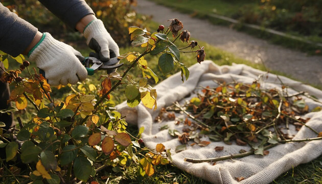 Autumn garden maintenance with worker cutting dry branches of rose bushes using sharp clippers. Detail of human hands using sharp secateurs for trimming plants in beautiful blooming garden