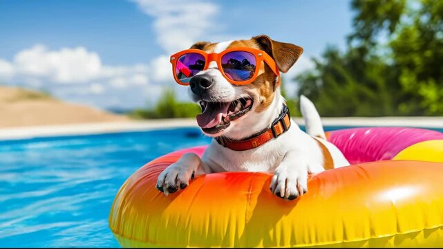A joyful dog in sunglasses floats on a colorful ring in a pool.
