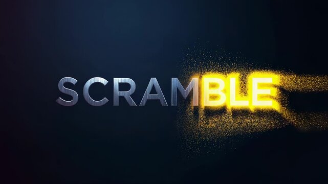 Sweeping gold dust from left transforming 3D word SCRAMBLE into gold on navy stage, revealing title