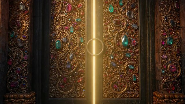 Gold beam rising at seam, opening gemmed doors with ring handle in stone vault, revealing gemstones