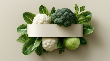 Fresh green vegetables composition with blank banner label, organic healthy food concept. Imperfect organic vegetables: broccoli, cauliflower, kohlrabi, and cabbage.