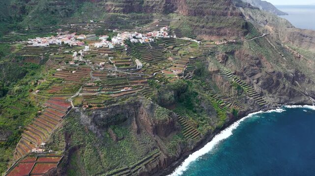 Aerial View of Agulo Village Terrace Farms La Gomera Canary Islands