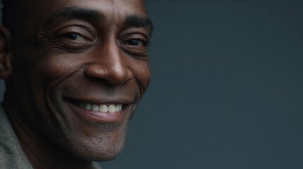 Close-up portrait of a middle-aged african-american man's face. he is smiling widely and appears to be happy and relaxed. his eyes are closed, and his mouth is slightly open, showing his teeth.