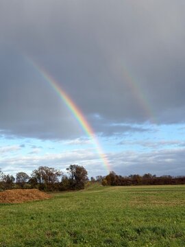 Double rainbow over a green meadow with some trees. While the sun is still shining, it starts to rain.