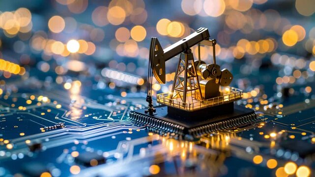 A miniature golden oil pump jack sitting on a blue electronic circuit board with glowing golden bokeh lights in the background