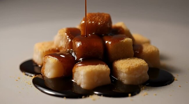 Tower of mochi squares doused in rich caramel sauce creating a sweet spectacle