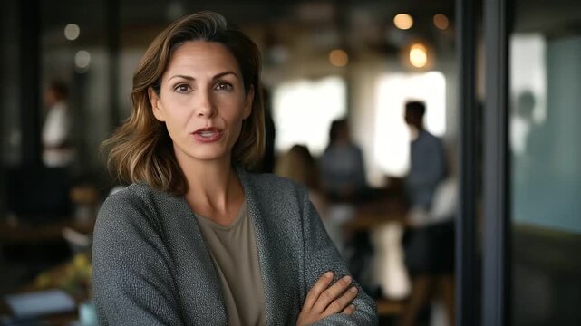 Successful business woman leadership confident and attractive, smiling while standing in modern meeting room, office coworking space with staff and teamwork ready to launch new