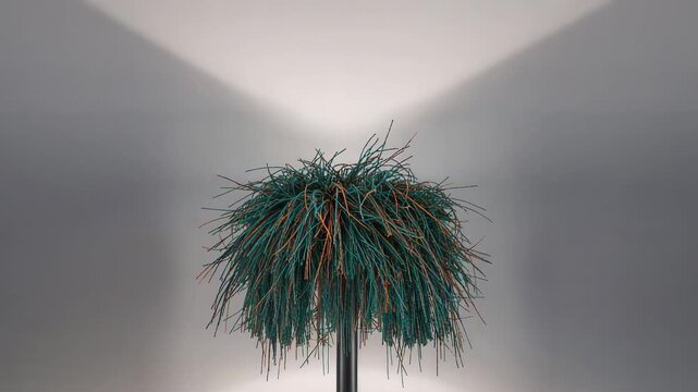 Powering lamp-like sculpture showing tufted strands slowly shifting on studio floor, with cord