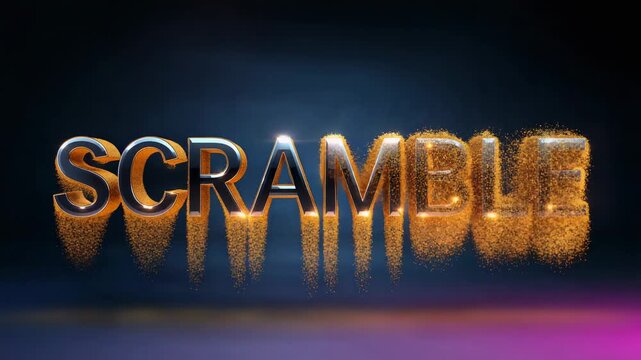 Emitter activating metallic SCRAMBLE logotype gaining glowing gold coating for texture in studio
