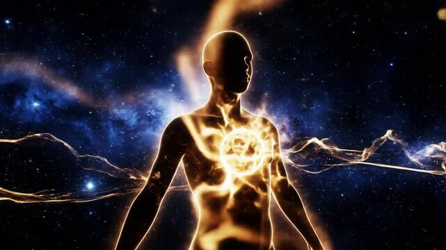  Cosmic Human Silhouette Emitting Glowing Core Energy