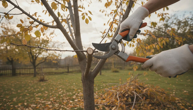 Seasonal garden preparation for winter with worker clearing backyard from dead wood and branches. Close up of gardener hands in gloves pruning tree branches with secateurs in autumn orchard