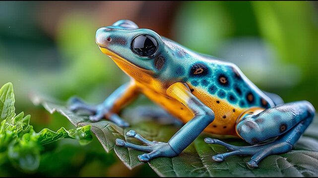 Vibrant blue and yellow poison dart frog sitting on green leaf in tropical rainforest, colorful amphibian macro with detailed texture