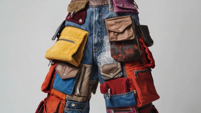 Model modeling patched denim pants, shifting hips and revealing pockets in studio, showing zippers