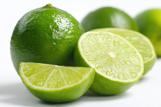 Green limes, one sliced open, on a white background. Close-up photo