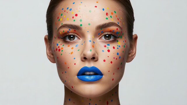 Recording starting, model closing eyes and reopening in studio, showing blue lipstick, paint dots