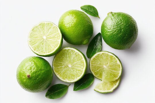 Green limes, some sliced, with leaves, on a white background