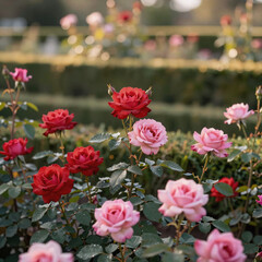 metallic, english roses blooming under soft summer sunlight in a classic garden