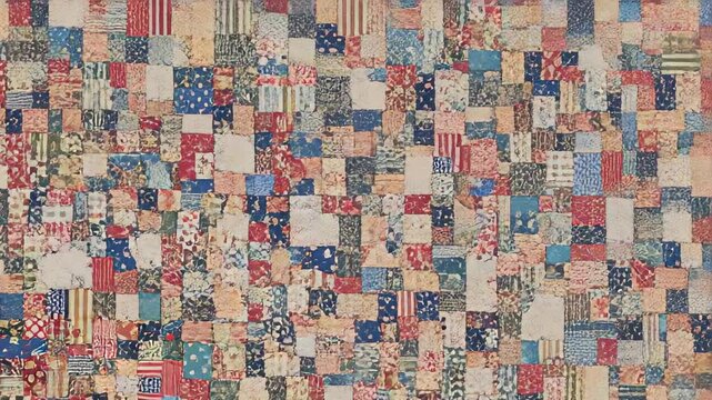 Panning camera pulling back from close fabric squares, revealing patchwork quilt on gallery wall