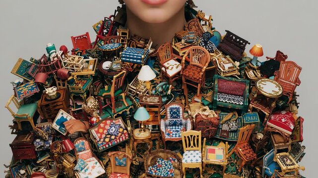 Pulling back camera, female model wearing mini furniture garment in studio, showcasing detail