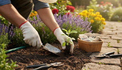 Fototapeta premium Hands in gloves holding a small plant with roots