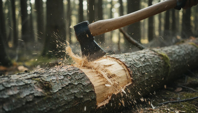 Macro view of dynamic wood splinters explosion while cutting a heavy log with manual axe tool. 