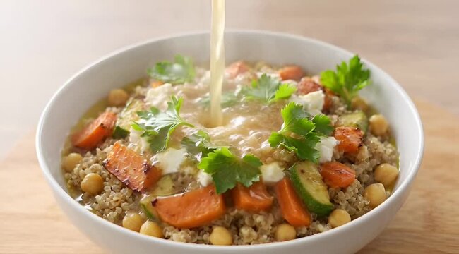 A bowl of quinoa with roasted vegetables and feta being covered with sauce