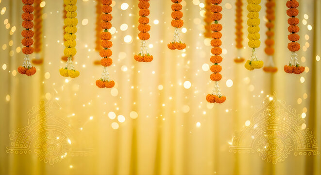 Hanging marigold flower garlands with bokeh lights and traditional patterns for festival decoration.