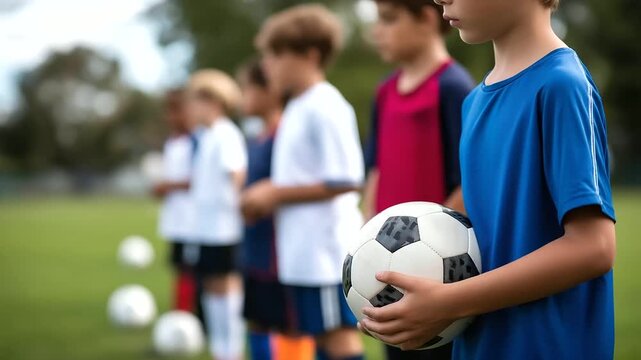 Boys attending soccer practice class at training camp, children on football field, school athletic program, youth soccer training, kids learning teamwork skills, outdoor sports