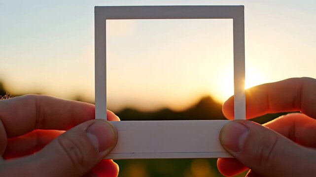 Fingers holding a blank white instant photo frame against a blurred sunny sky, summer memory placeholder concept.