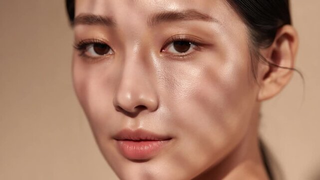 Close-up of a young Asian woman's face with natural makeup and soft light shadows