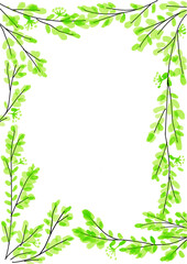 Watercolor green leaves frame, botanical border with copy space