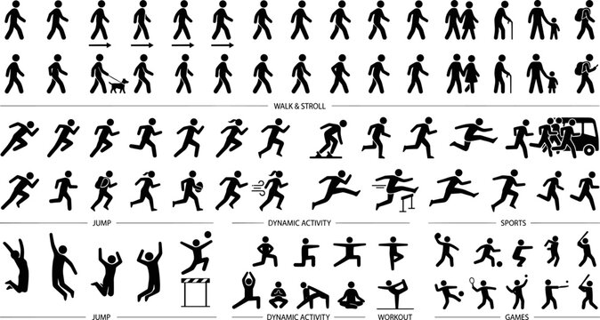 sports and fitness human silhouette icons set with running walking jumping workout training and activity figures illustration on transparent background