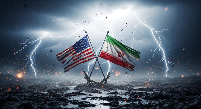 american flag and iran flag thunder in sky background.