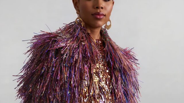 Frames shifting as female model adjusting pose in studio, showing fringe, sequin top, earring