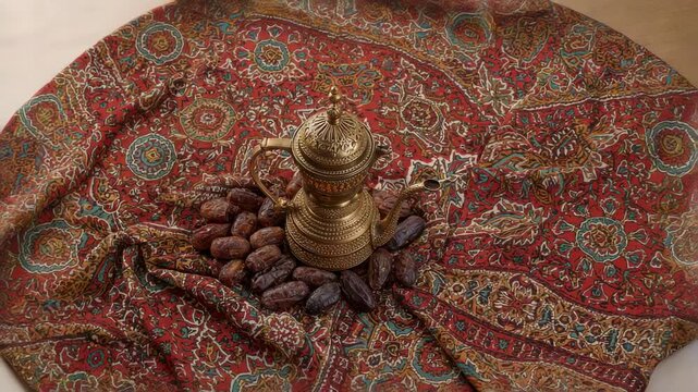 Pulling back camera revealing ornate brass dallah on dates atop red paisley textile showing motifs