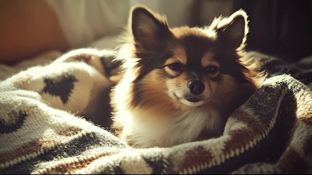 A cozy pomeranian resting on a blanket in warm sunlight.