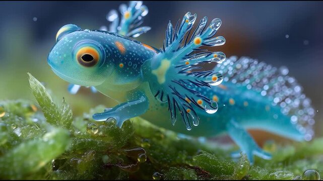 Fantasy-style vibrant blue salamander with frilled gills and water droplets on skin, perched on moss in magical forest setting