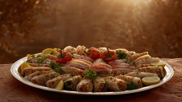 Shining warm backlight intensifying on rustic table, showcasing silver platter with stuffed squid