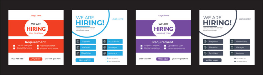 Obraz premium We are hiring job vacancy square banner social media post template watercolor paint brush strokes texture We are hiring job vacancy social media post banner template with black and red color. Grunge 