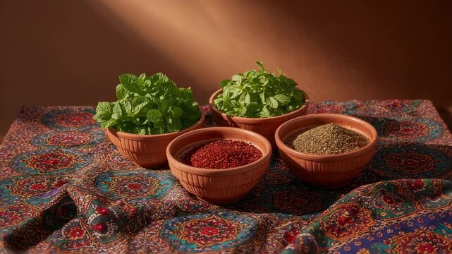 Pulling back camera revealing four terracotta bowls on patterned cloth in warm light, herbs, spices