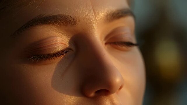Closing eyes, adult woman reacting to golden hour sunlight while tear forming and tracing cheek